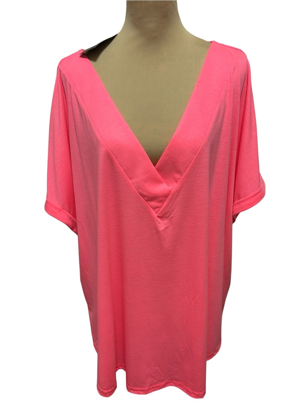 SHEIN Curve Plus Size V-Neck Short Cuffed Sleeve Top Neon Pink 6XL = US 24-26W.